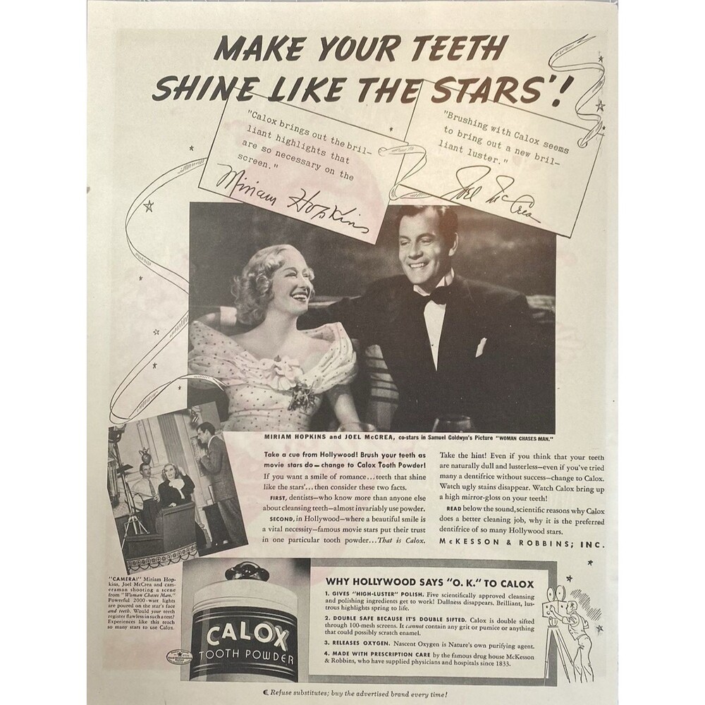 CALOX Tooth Powder "Woman Chases Man" Miriam Hopkins & Joel McCrea MGM Ad 1937